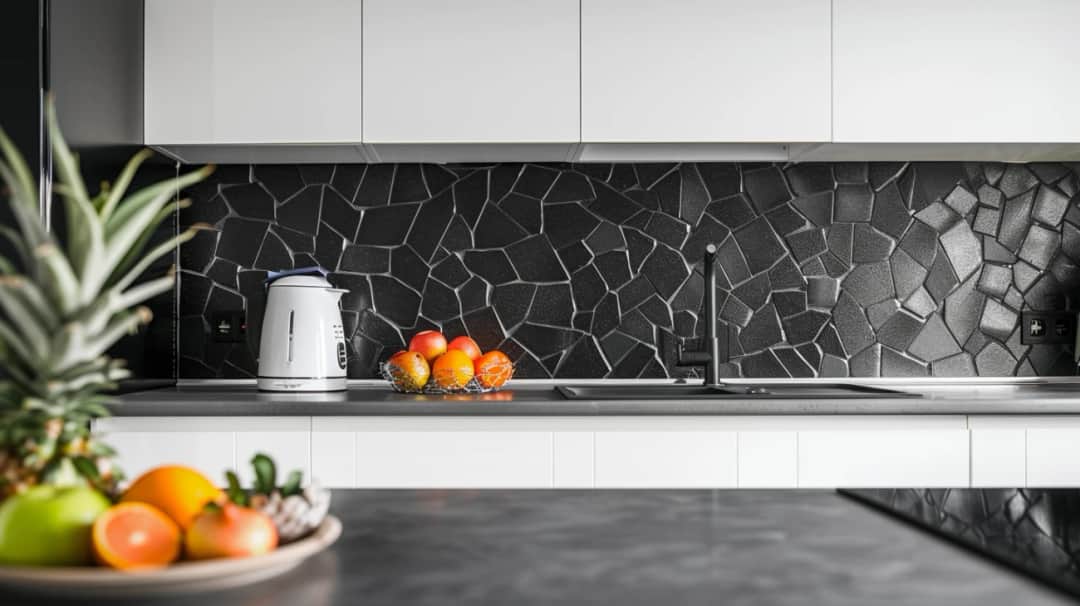 Elegancki akcent wnętrza - czarna mozaika w kuchni na ścianie