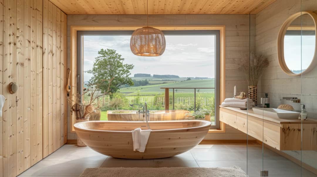 Naturalna aranżacja domu z drewnem na suficie i ścianach