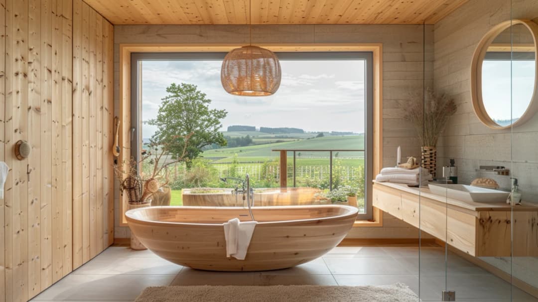 Naturalna aranżacja domu z drewnem na suficie i ścianach